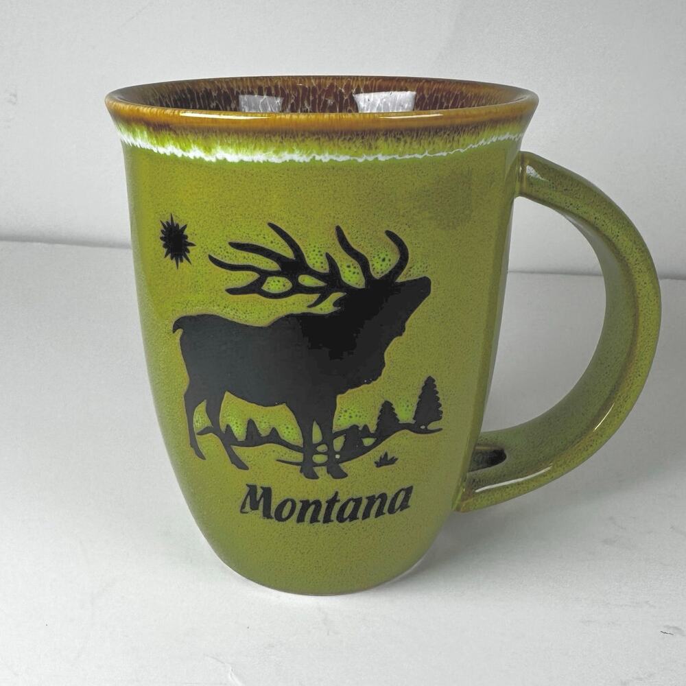 Montana Embossed Bull Elk Green Drip Ceramic Coffee Mug Mountains